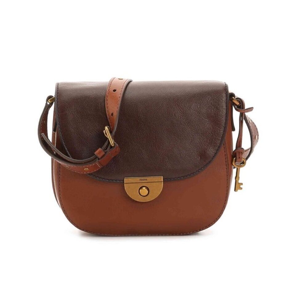 Fossil Women's‎ Emi Multi Brown Color Block Crossbody Leather Handbag Saddle